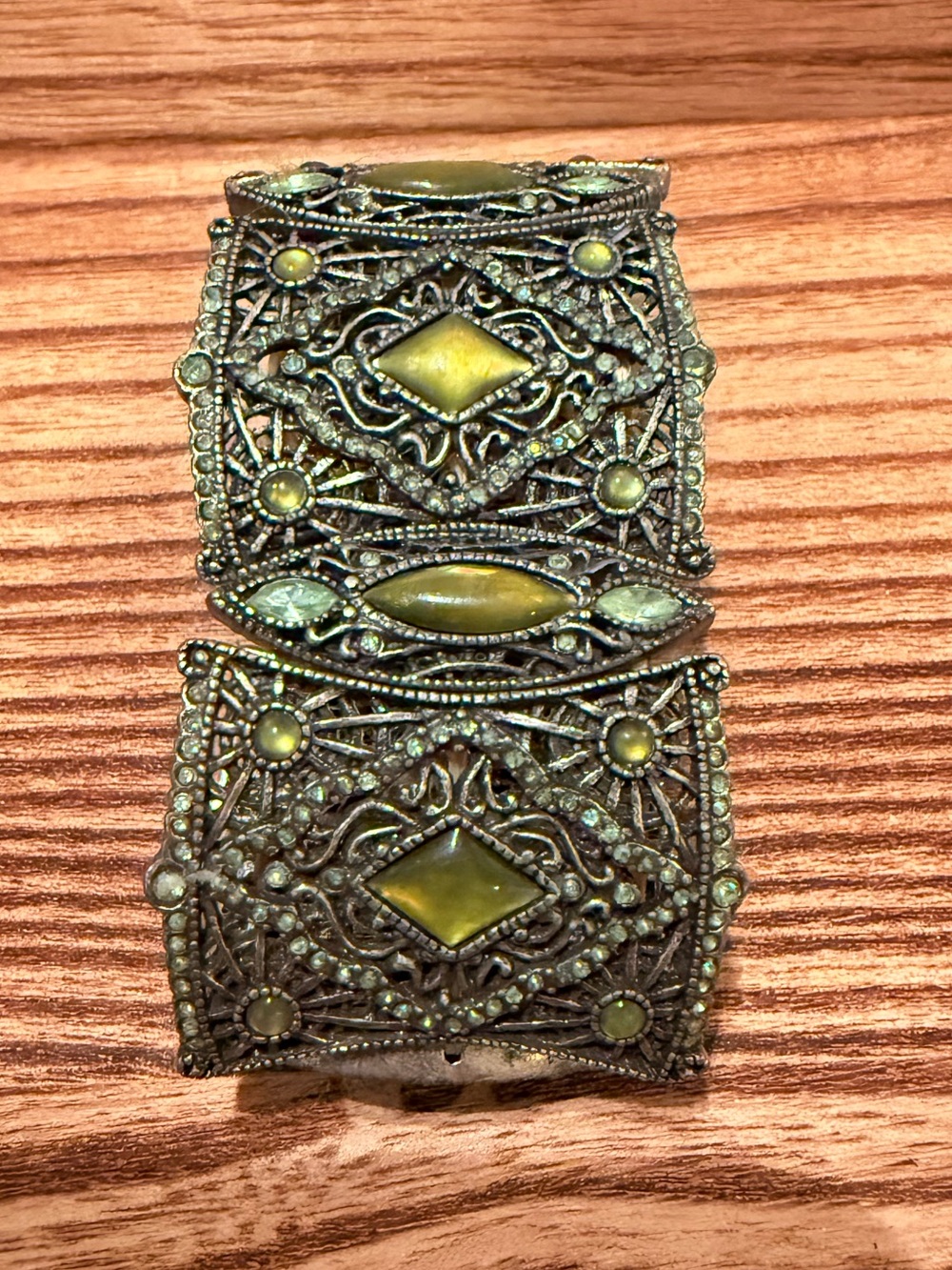 Antique Silver Tone Filigree Green Rhinestone Stretch Statement Bracelet